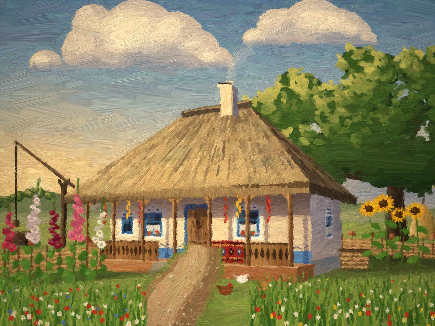 Oil painting of an old Moldovan house: whitewashed walls, a thatched roof, a carved veranda hung with red pepper strings, hollyhocks, sunflowers and a well sweep