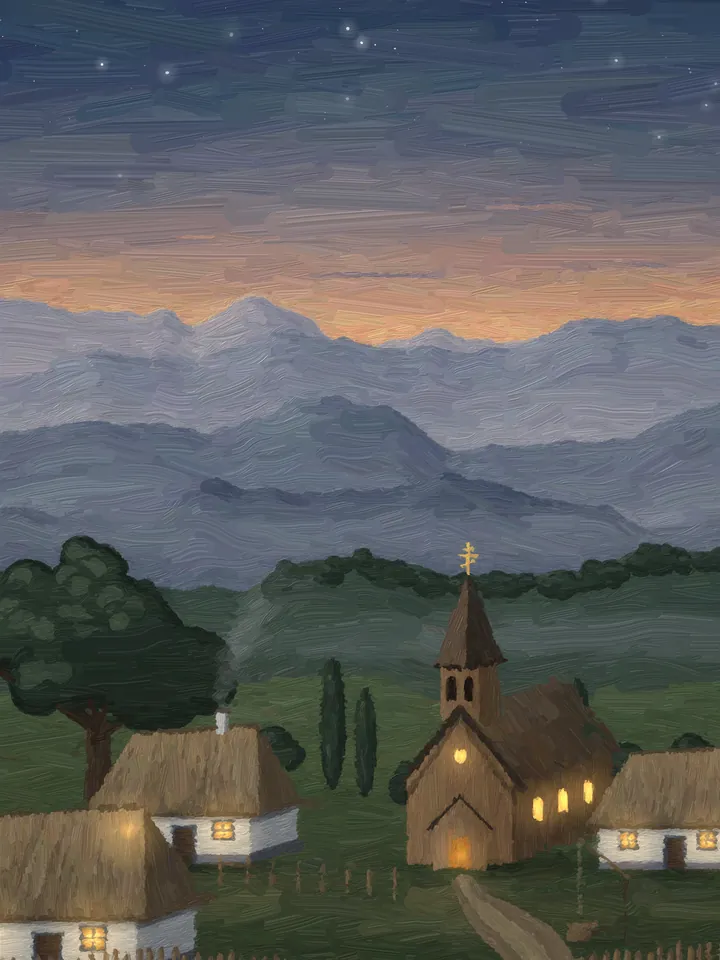 Oil painting of the village at dusk under the first stars, its windows lit