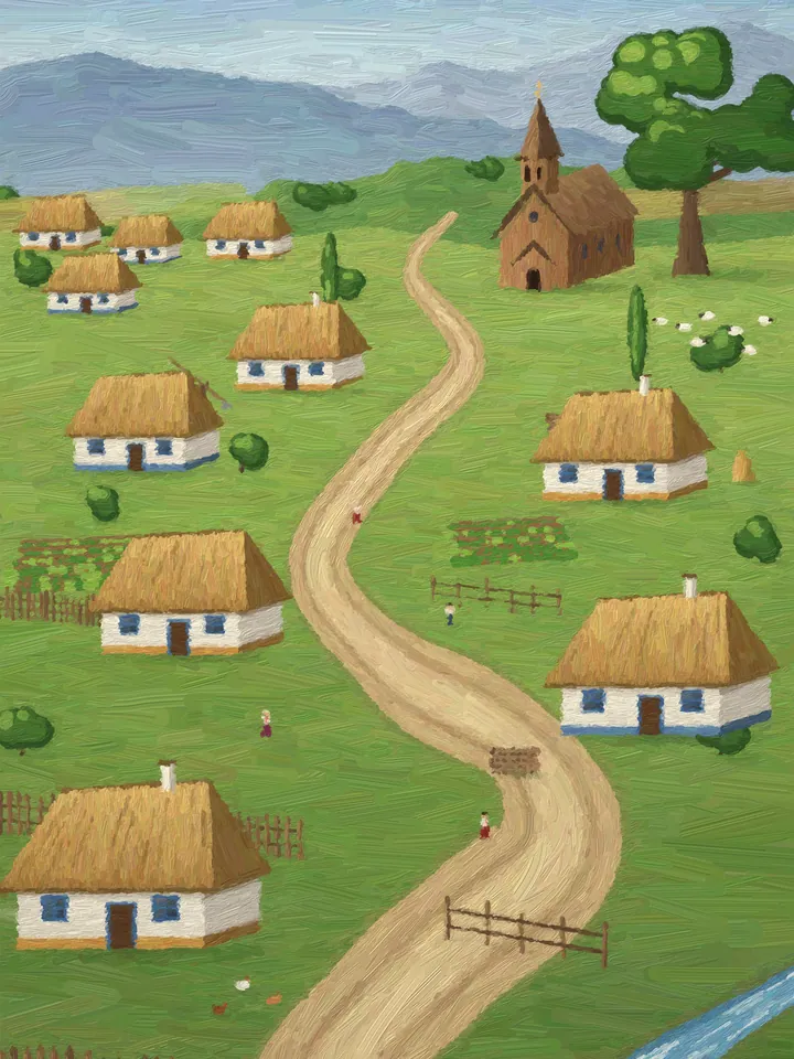 Oil painting of a grown village of whitewashed thatched houses along a road, with a church on the hill and a mill by the stream