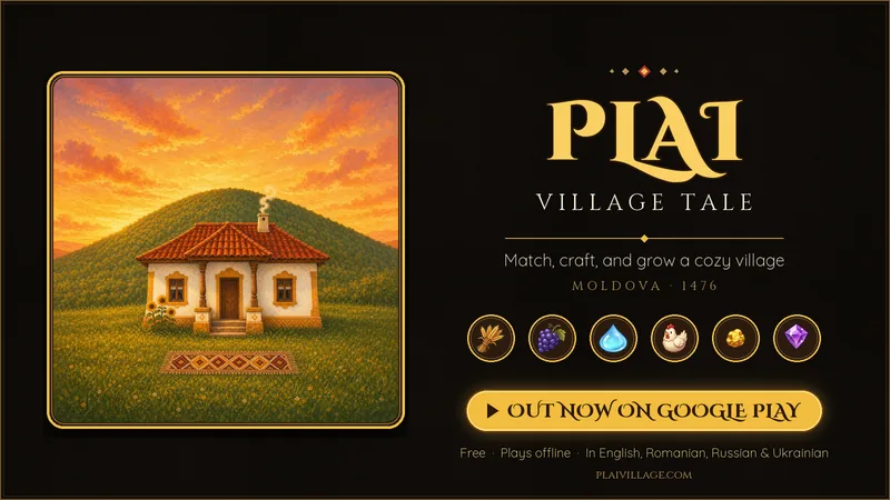 Plai key art — a painted Moldovan cottage at sunset