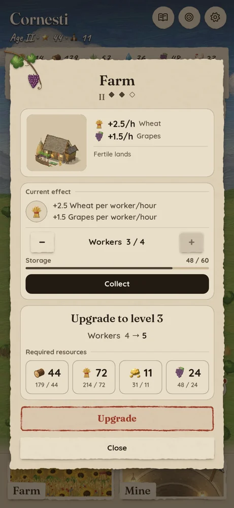 A building's workers, storage and upgrade