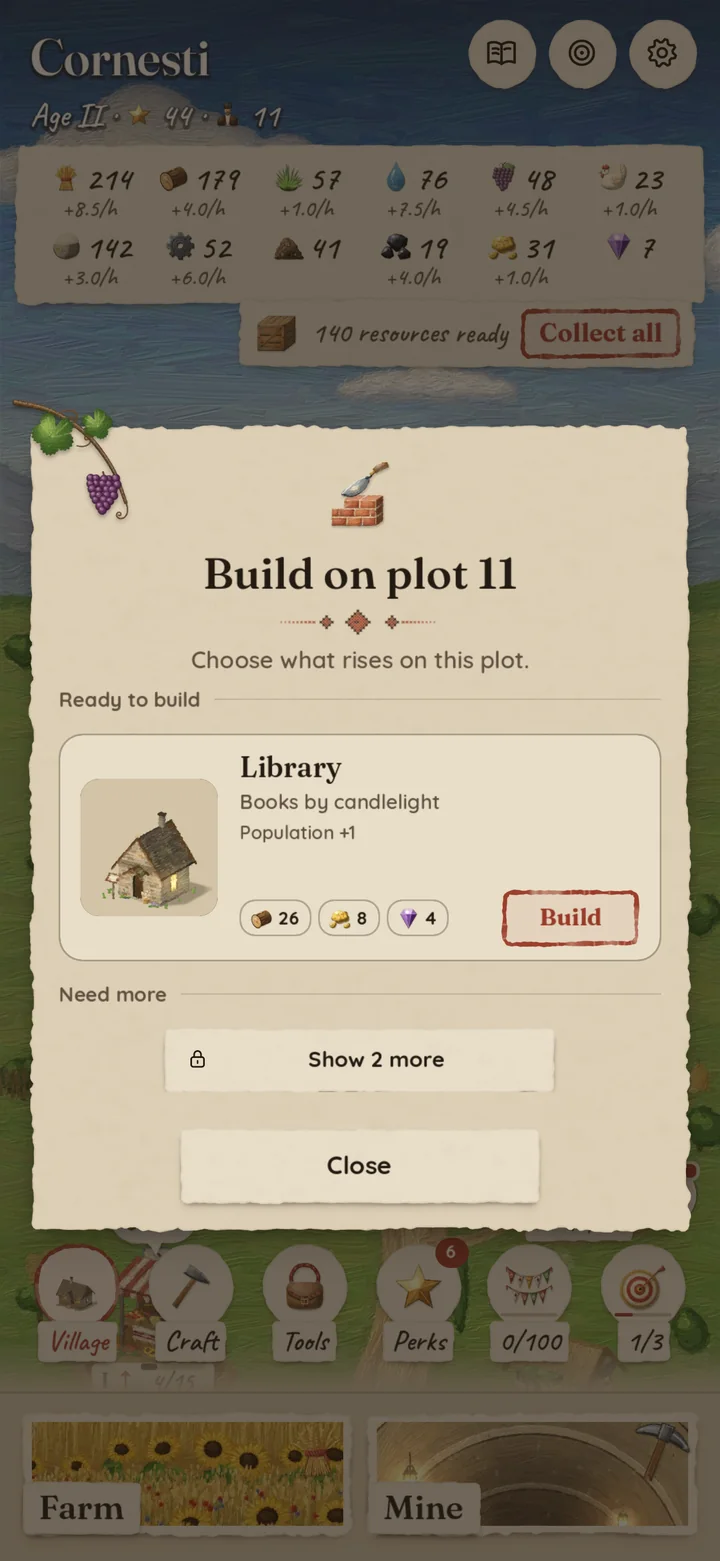 Choosing what to build on an empty plot: the library, with its cost in wood, wheat and gold