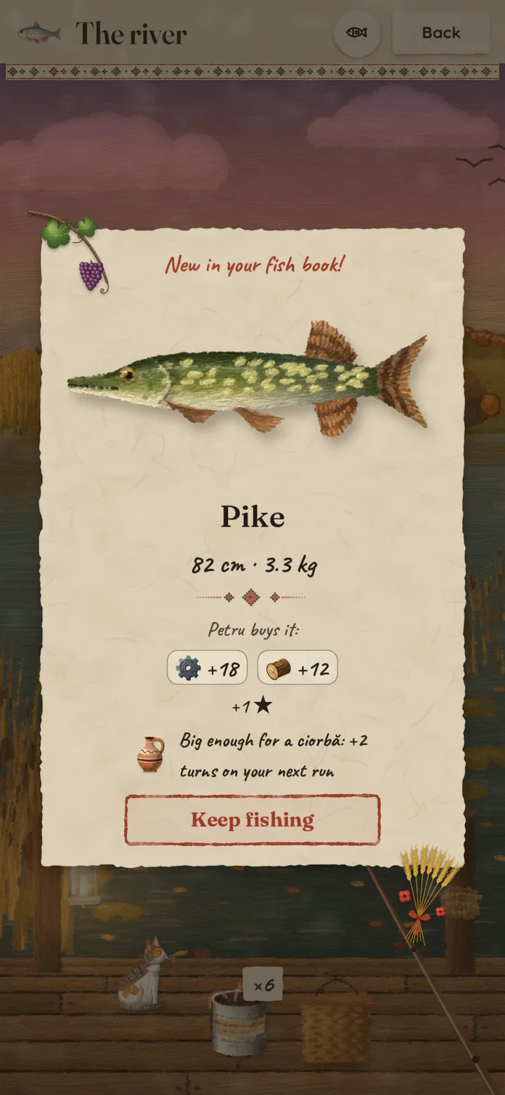 A catch card on paper: a pike, 82 cm and 3.3 kg, new in the fish book, with what a villager pays for it