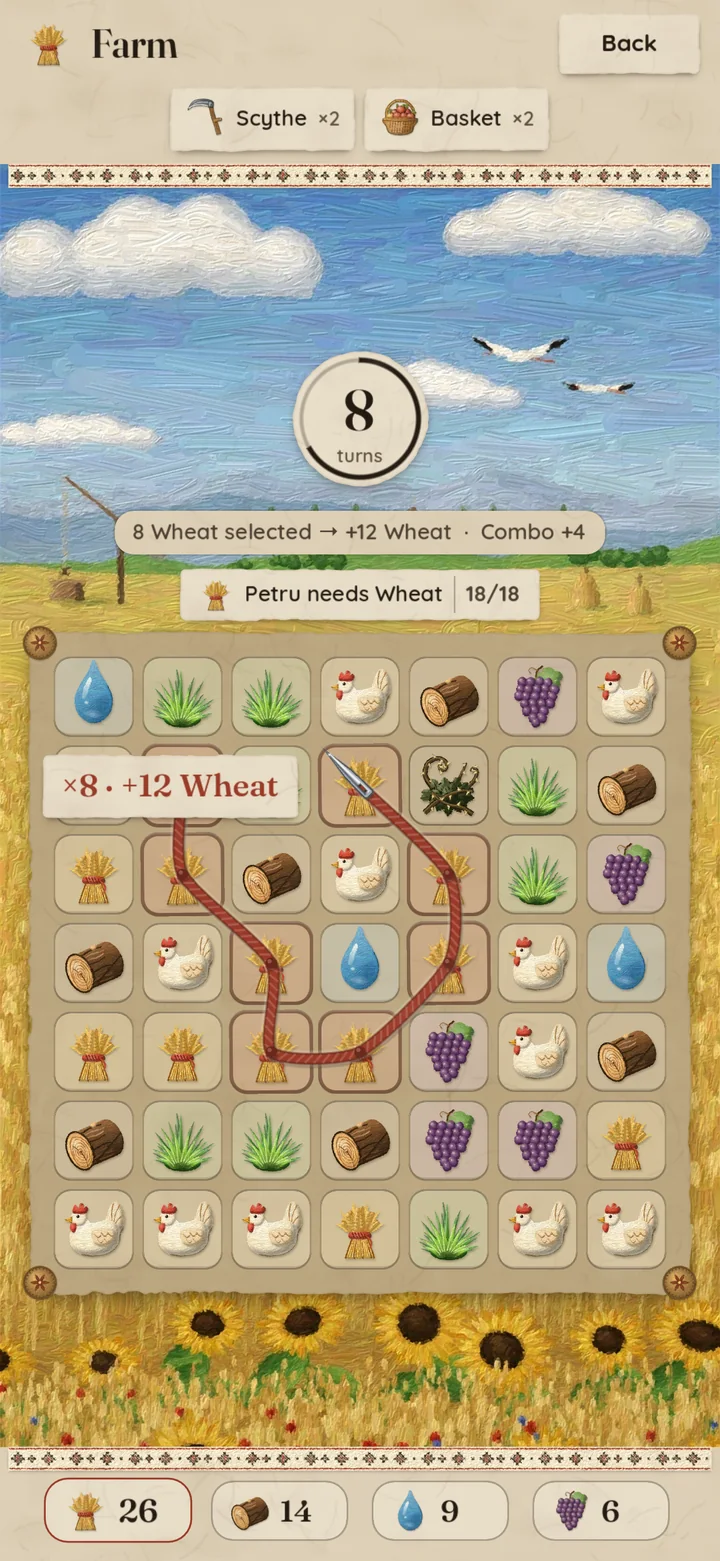 The farm board mid-chain: wheat tiles stitched together with a red thread, 8 moves left