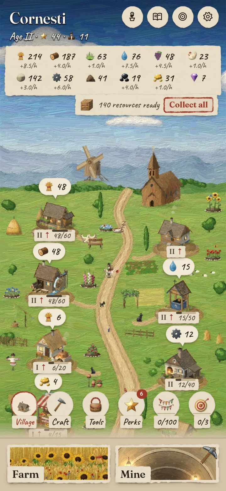 The village map with its garden out: sunflowers, poppies, hollyhocks, a bench, an arbor and a haystack between the houses