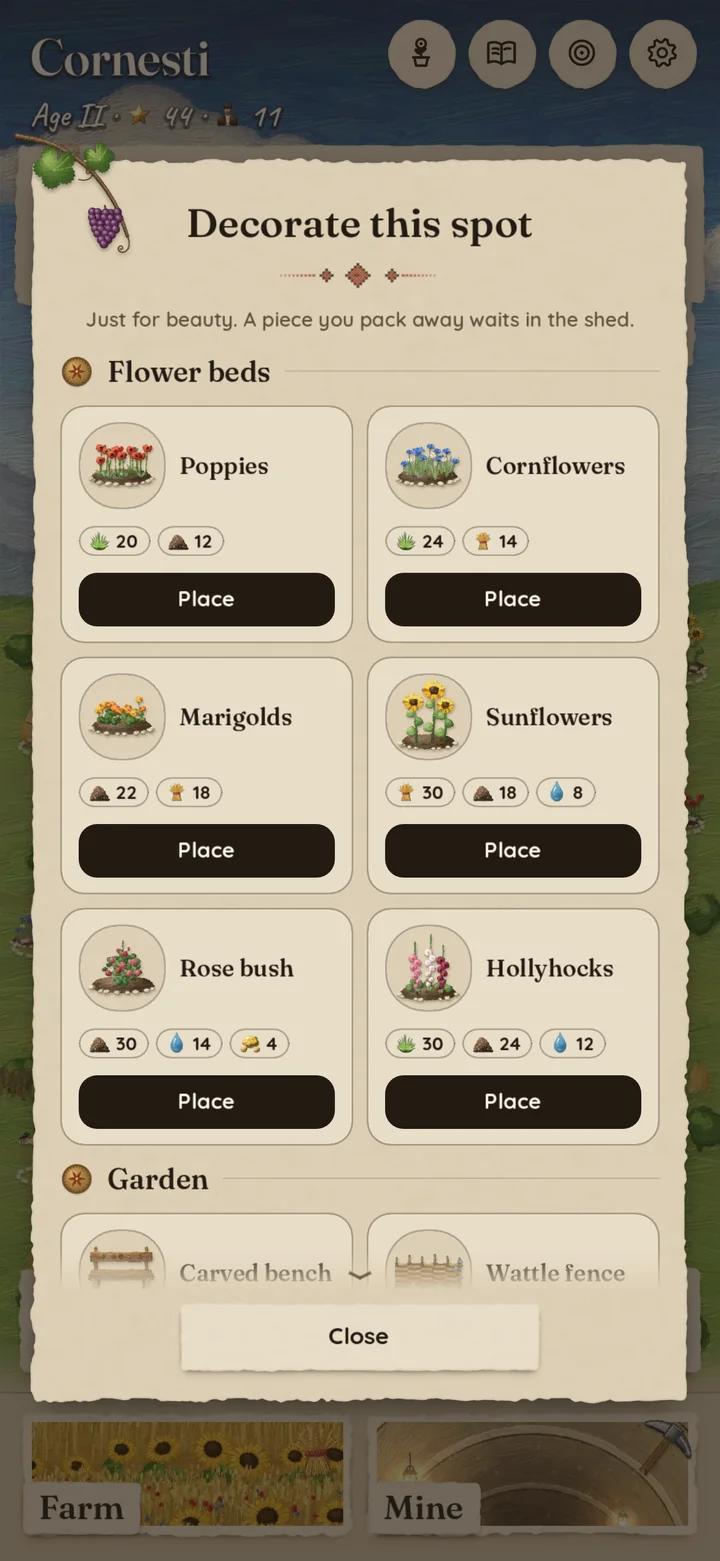 Choosing a decoration for an empty spot: flower beds with their costs and a Place button