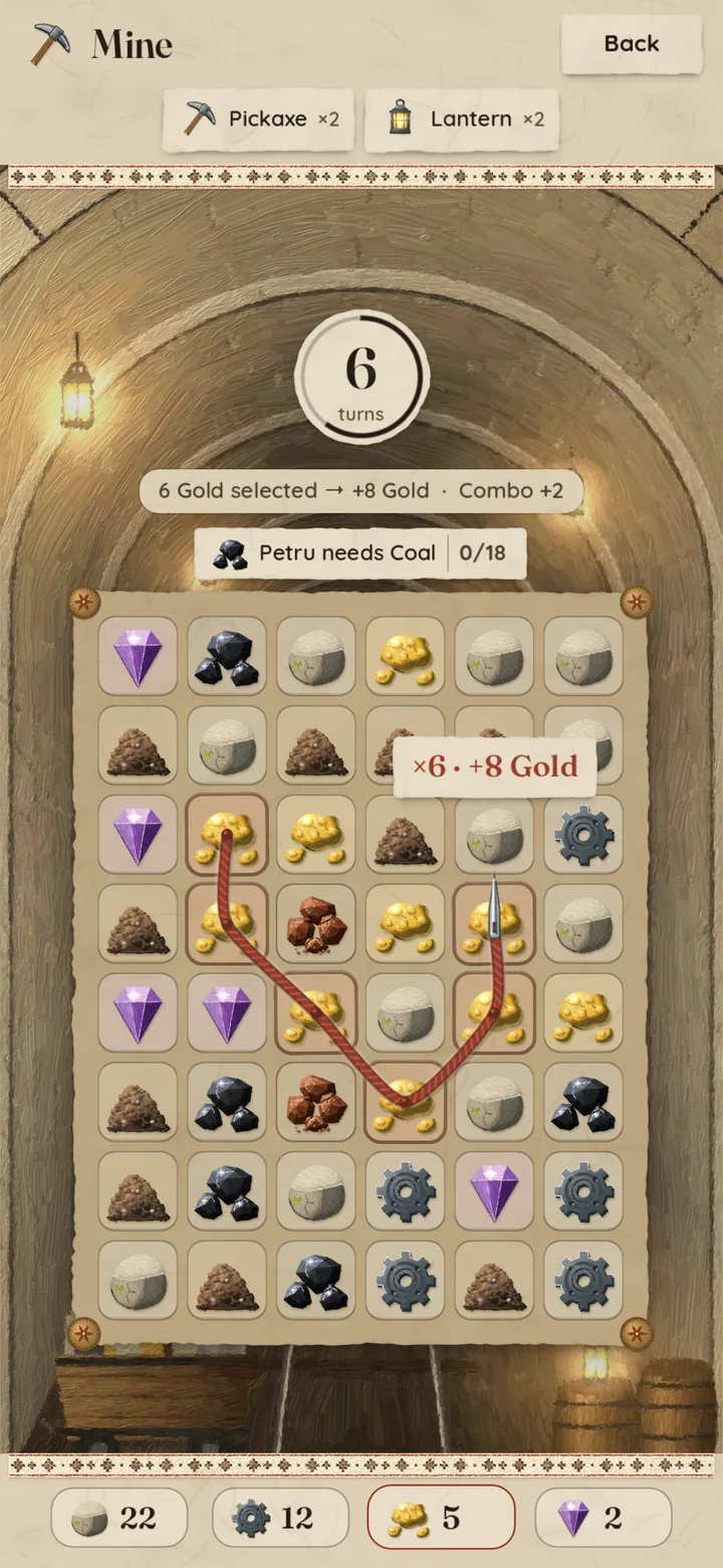 The mine board mid-chain: gold nuggets linked among stone, iron and gems