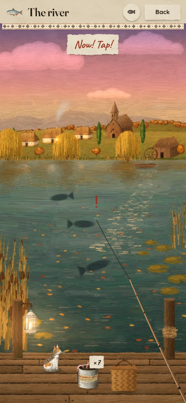The river at dusk in autumn, seen from a plank jetty: a fish’s shadow under the float, a cat sitting by the bait tin