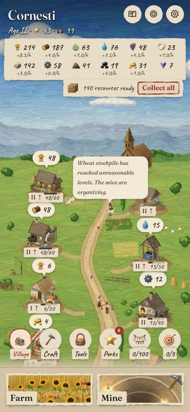 The living village map: buildings on their plots with their harvests ready, the day’s stores to collect and a villager’s gossip